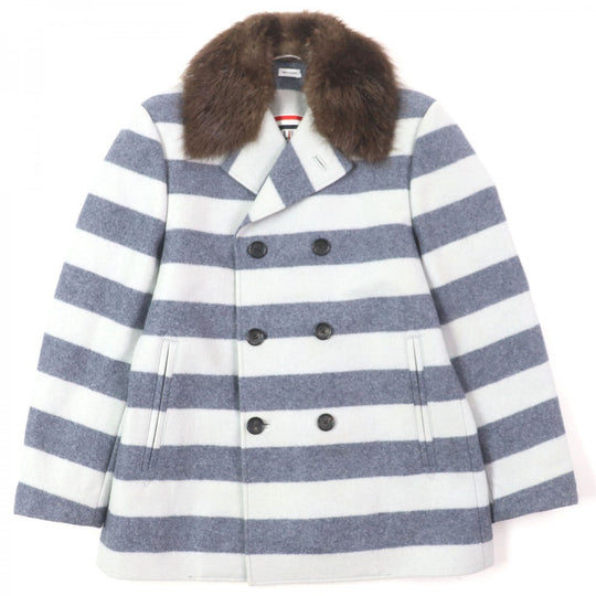THOM BROWNE pea coat MOC760X00076 Outer: 100% wool, Part: 100% polyester, Fur: beaver, Lining: 100% cupra Light gray navy mens 2 Used Authentic