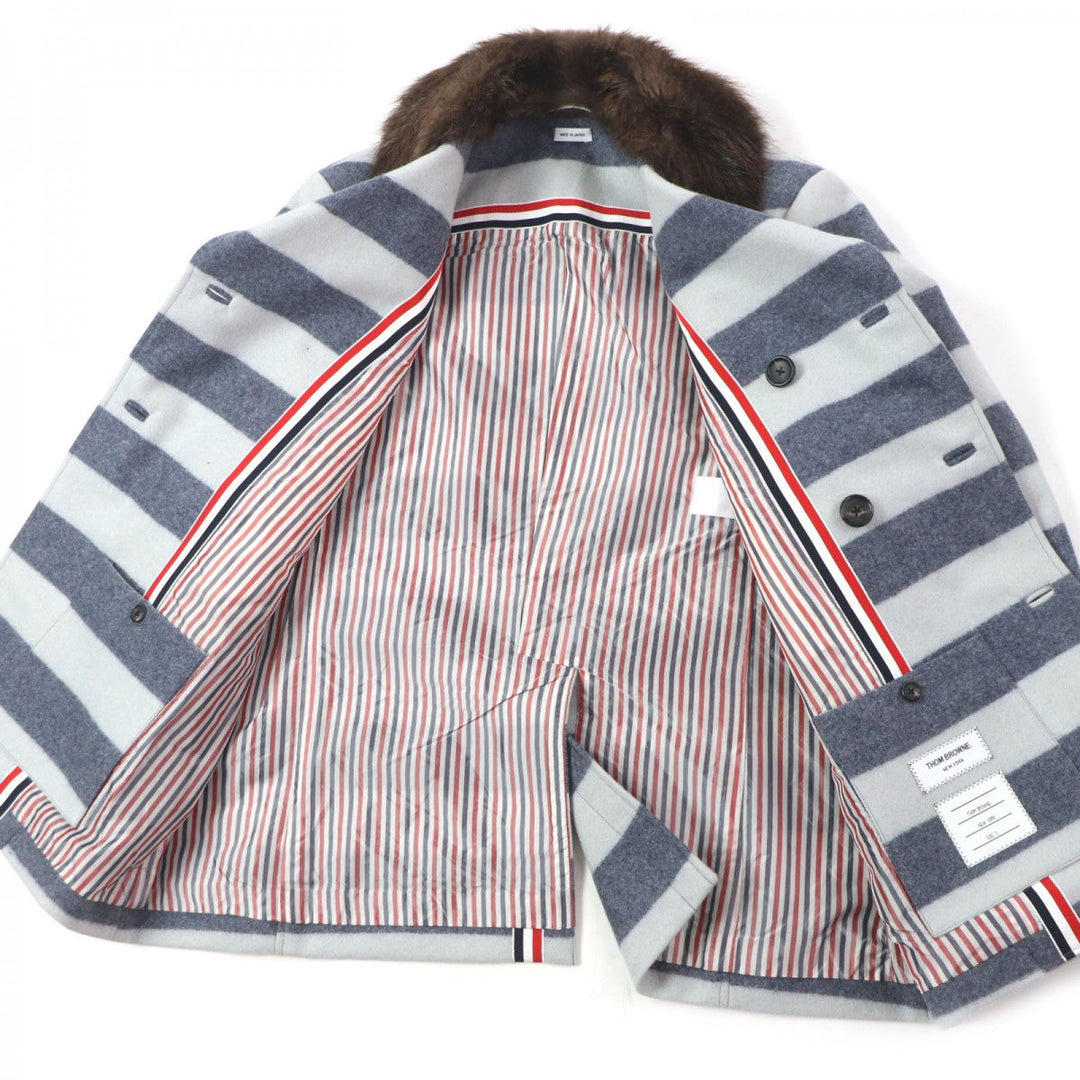 THOM BROWNE pea coat MOC760X00076 Outer: 100% wool, Part: 100% polyester, Fur: beaver, Lining: 100% cupra Light gray navy mens 2 Used Authentic