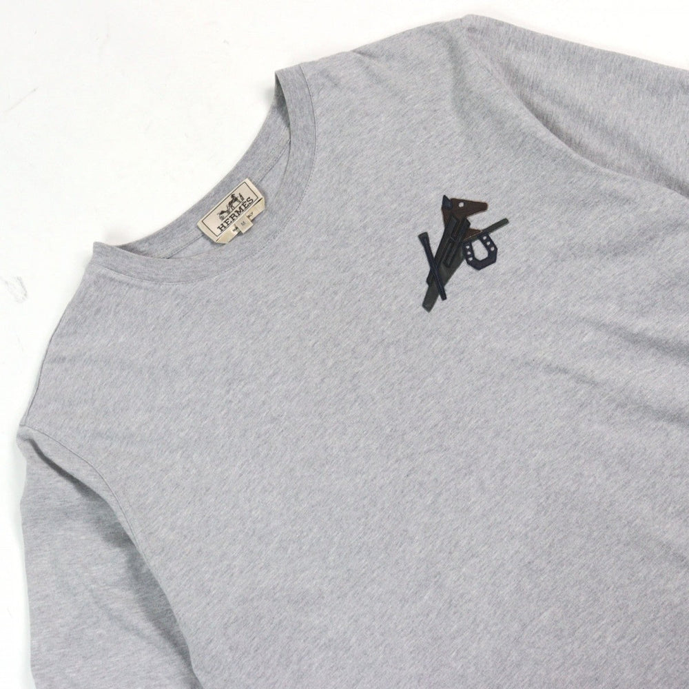 HERMES Short sleeve T-shirt Main: 100% cotton, Leather part: Sheepskin Gray type Equestrian Puzzle mens M Used Authentic