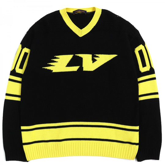 LOUIS VUITTON knit Main: 68% wool, 18% rayon, 9% nylon, 5% cashmere Black yellow LV Intarsia football knit mens XL Used Authentic