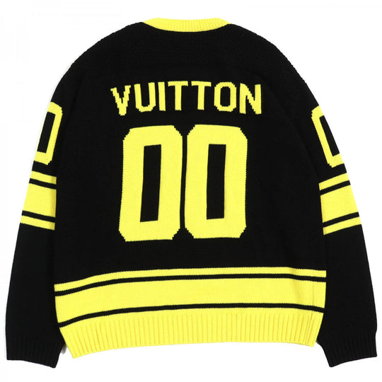 LOUIS VUITTON knit Main: 68% wool, 18% rayon, 9% nylon, 5% cashmere Black yellow LV Intarsia football knit mens XL Used Authentic