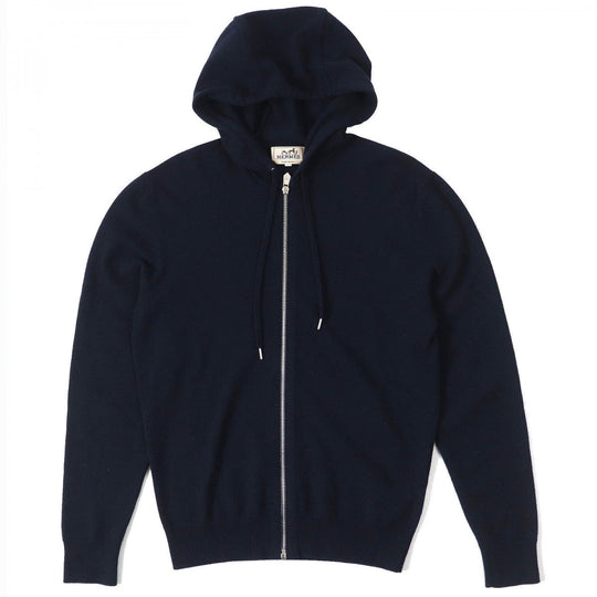 HERMES Hoodie Main: 100% cashmere, Leather part: Sheepskin Navy mens S Used Authentic