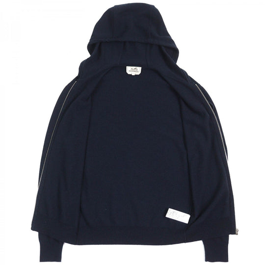 HERMES Hoodie Main: 100% cashmere, Leather part: Sheepskin Navy mens S Used Authentic
