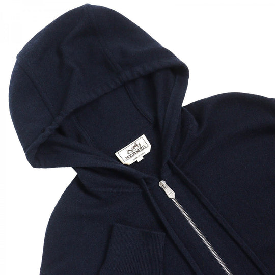 HERMES Hoodie Main: 100% cashmere, Leather part: Sheepskin Navy mens S Used Authentic