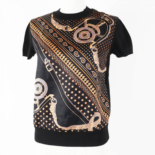 HERMES Short sleeve knit 4H2816D3 Main: 100% silk, part: 52% silk, part: 39% cotton, part: 7% nylon, part: 2% polyurethane Black orange Apron Doll Bandana Women 34 Used Authentic