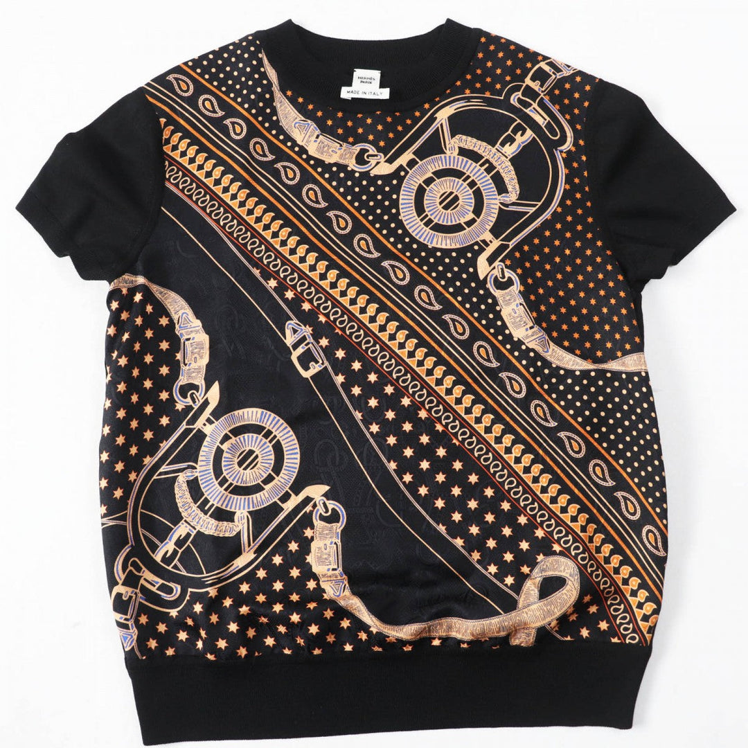 HERMES Short sleeve knit 4H2816D3 Main: 100% silk, part: 52% silk, part: 39% cotton, part: 7% nylon, part: 2% polyurethane Black orange Apron Doll Bandana Women 34 Used Authentic