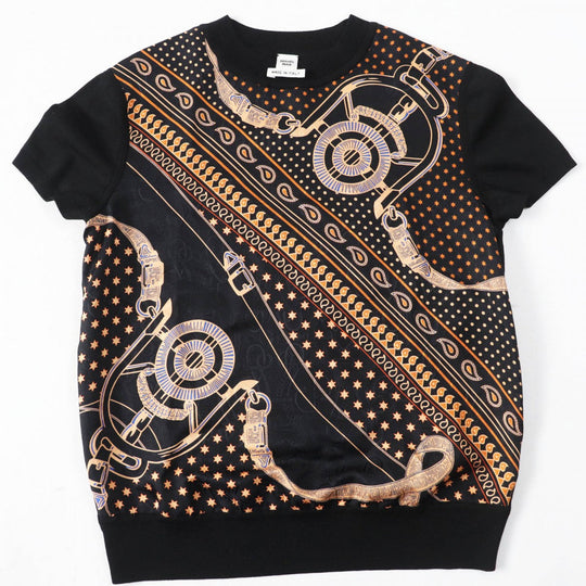 HERMES Short sleeve knit 4H2816D3 Main: 100% silk, part: 52% silk, part: 39% cotton, part: 7% nylon, part: 2% polyurethane Black orange Apron Doll Bandana Women 34 Used Authentic