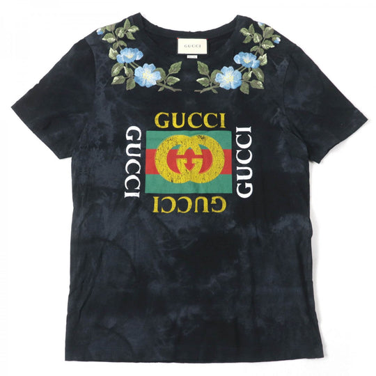 GUCCI Short sleeve T-shirt 457936 Main: 100% cotton, Part: 100% cotton, Part: 100% polyester black Floral Embroidery Tee mens S Used Authentic