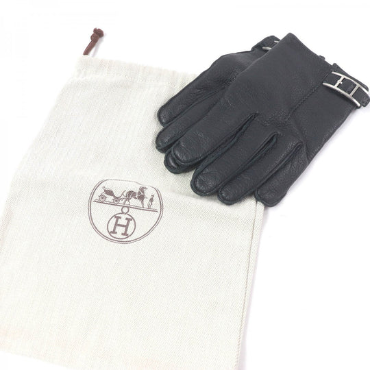 HERMES gloves Main: Deerskin, Lining: 100% Silk black mens 8 Used Authentic