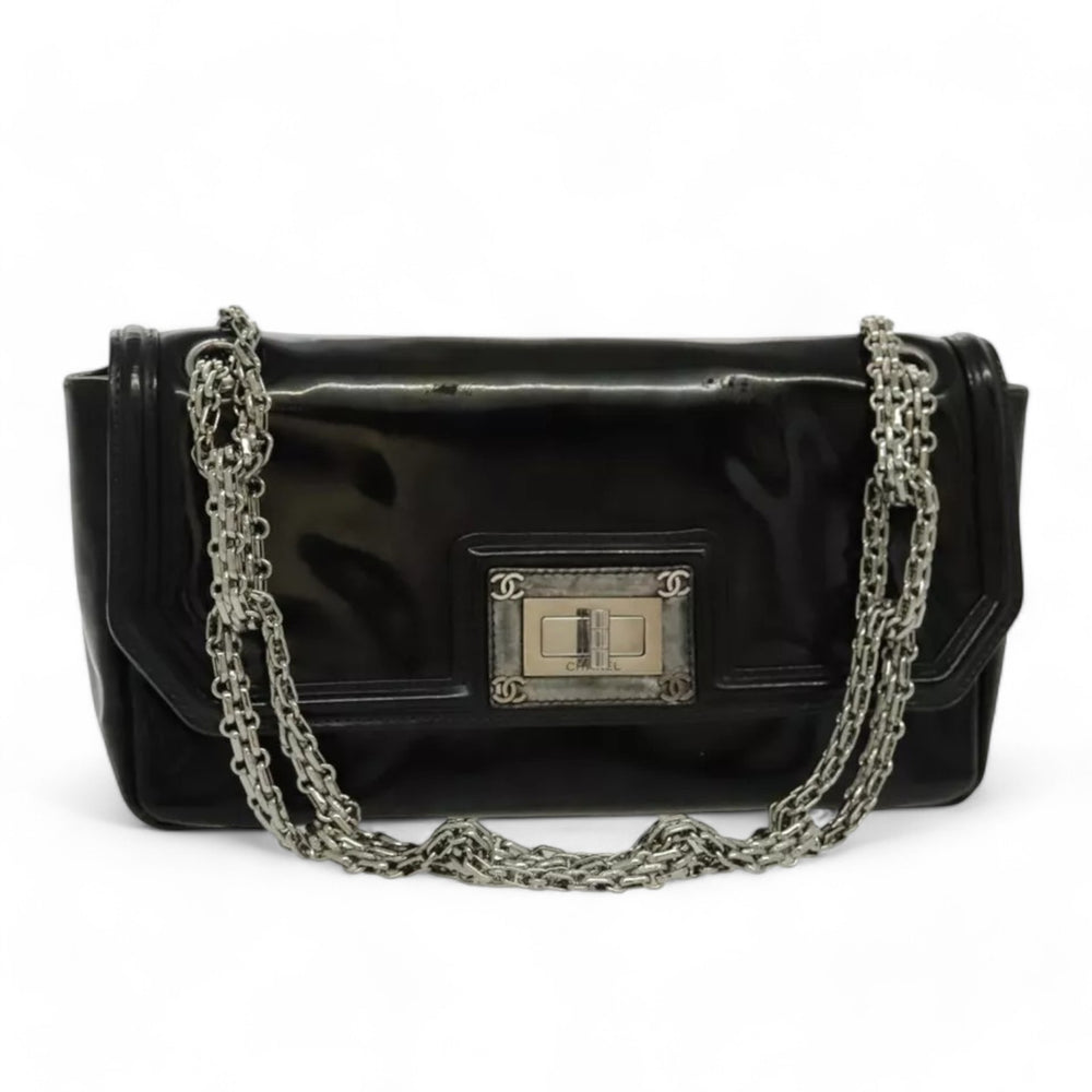 CHANEL Chain Shoulder Bag Patent Leather Black Silver CC