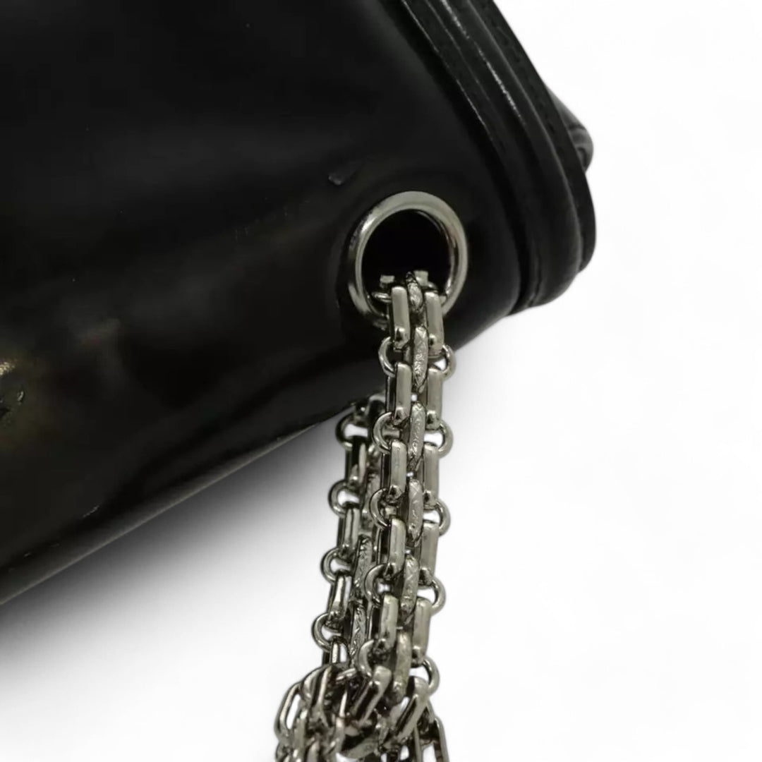CHANEL Chain Shoulder Bag Patent Leather Black Silver CC
