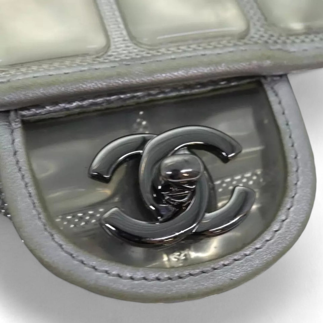 CHANEL Ice Cube Chain Turn Lock Bag Vinyl Silver Shoulder Bag