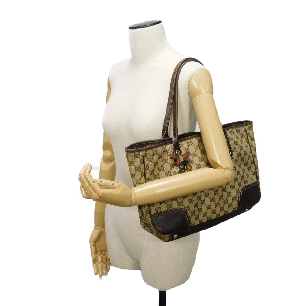 GUCCI Tote Bag 163805 GG canvas x calf leather beige Sherry line Web stripe bow tote