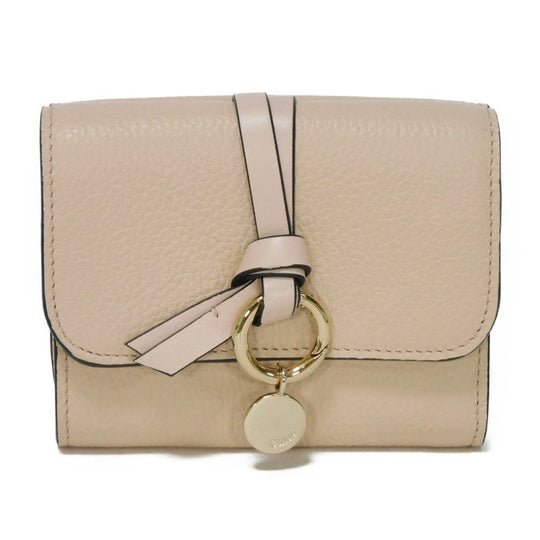 Chloe Tri-fold wallet CHC21WP718 F57 6J5 Grained calfskin x shiny calfskin Cement Pink logo charm Alphabet Small Trifold Wallet