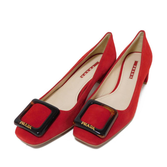 PRADA pumps 315505 F045 30T4 Goatskin Red logo metal Pointed Toe Buckle Suede