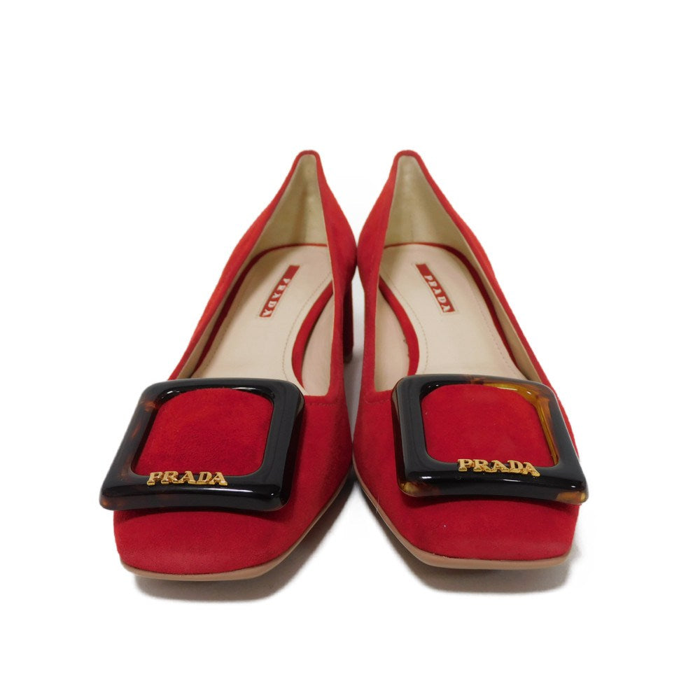 PRADA pumps 315505 F045 30T4 Goatskin Red logo metal Pointed Toe Buckle Suede