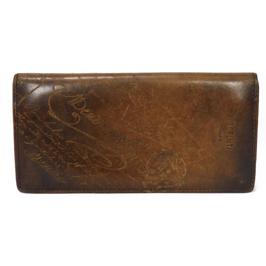 Berluti Long Wallet Purse Venice Calfskin Leather Brown Calligraphy Santal Scritto Leather Zip Long Wallet