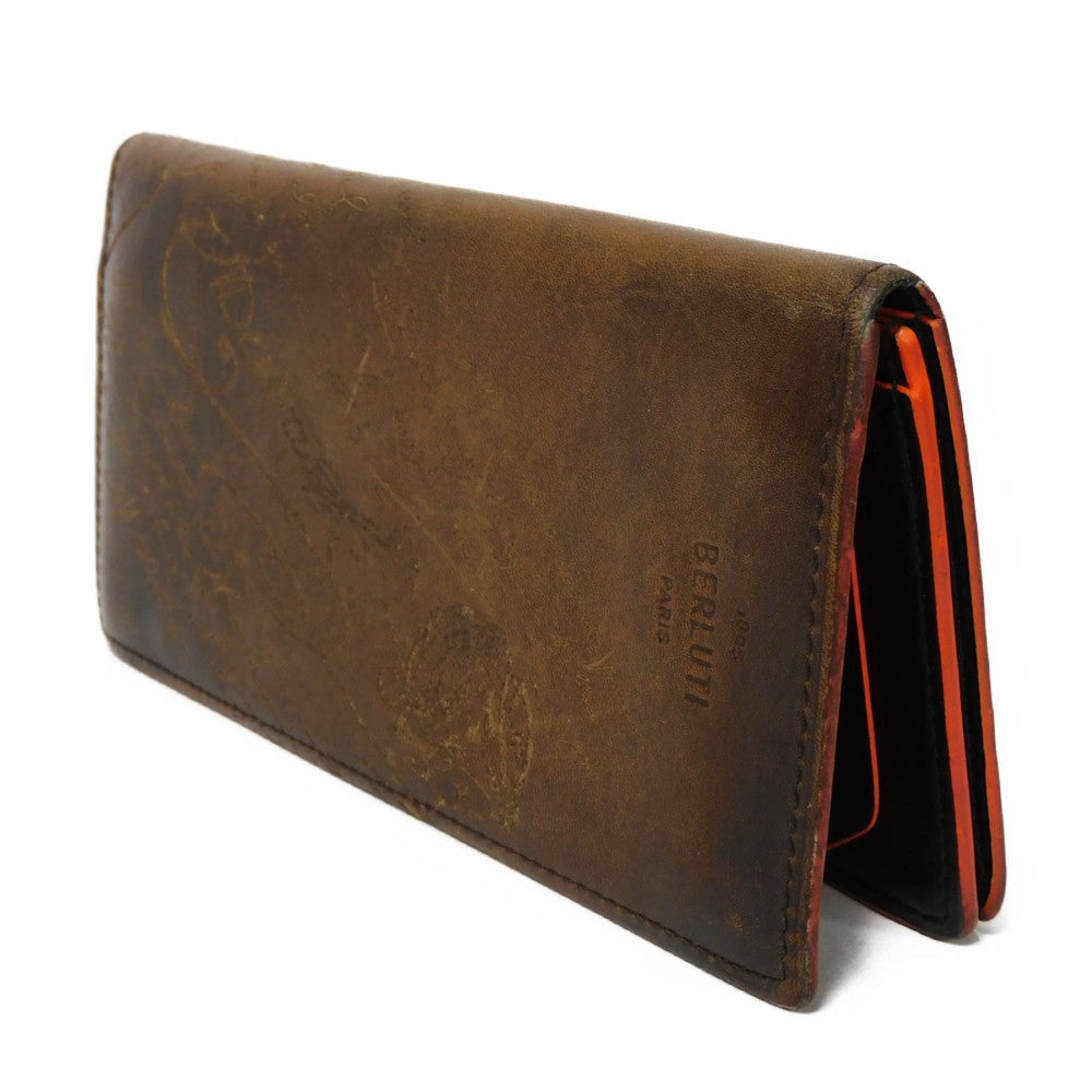 Berluti Long Wallet Purse Venice Calfskin Leather Brown Calligraphy Santal Scritto Leather Zip Long Wallet