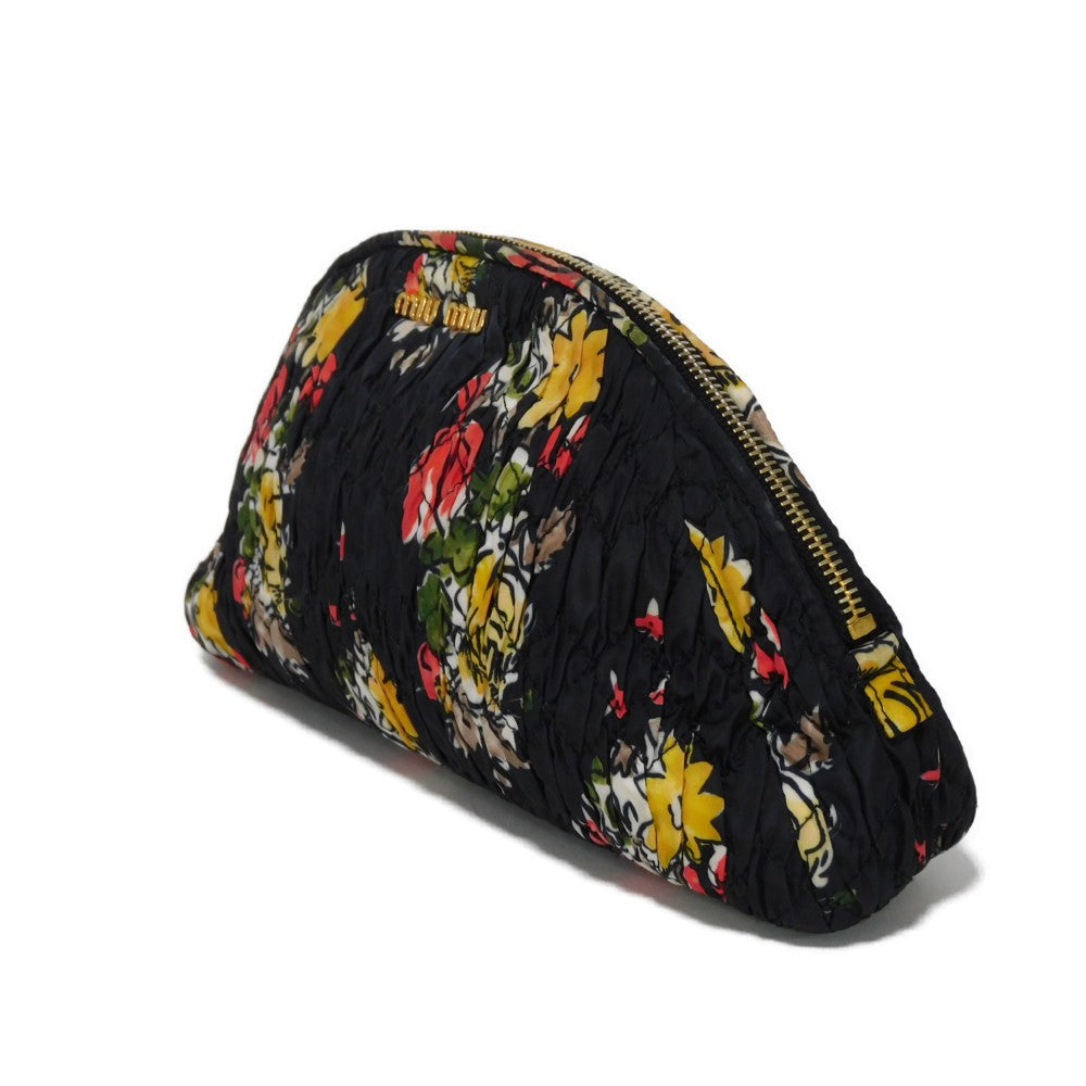 MIUMIU Clutch bag Nylon black logo Flower Gathered Pouch