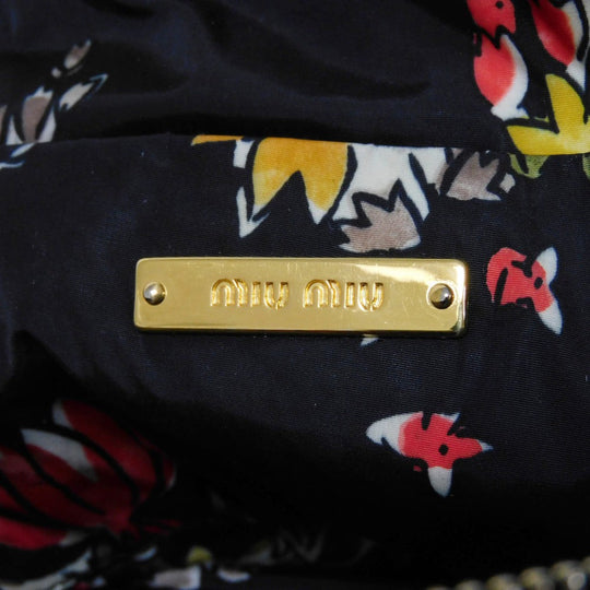 MIUMIU Clutch bag Nylon black logo Flower Gathered Pouch