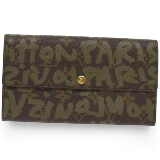Louis Vuitton Monogram Graffiti Long Leather Wallet Khaki Womens