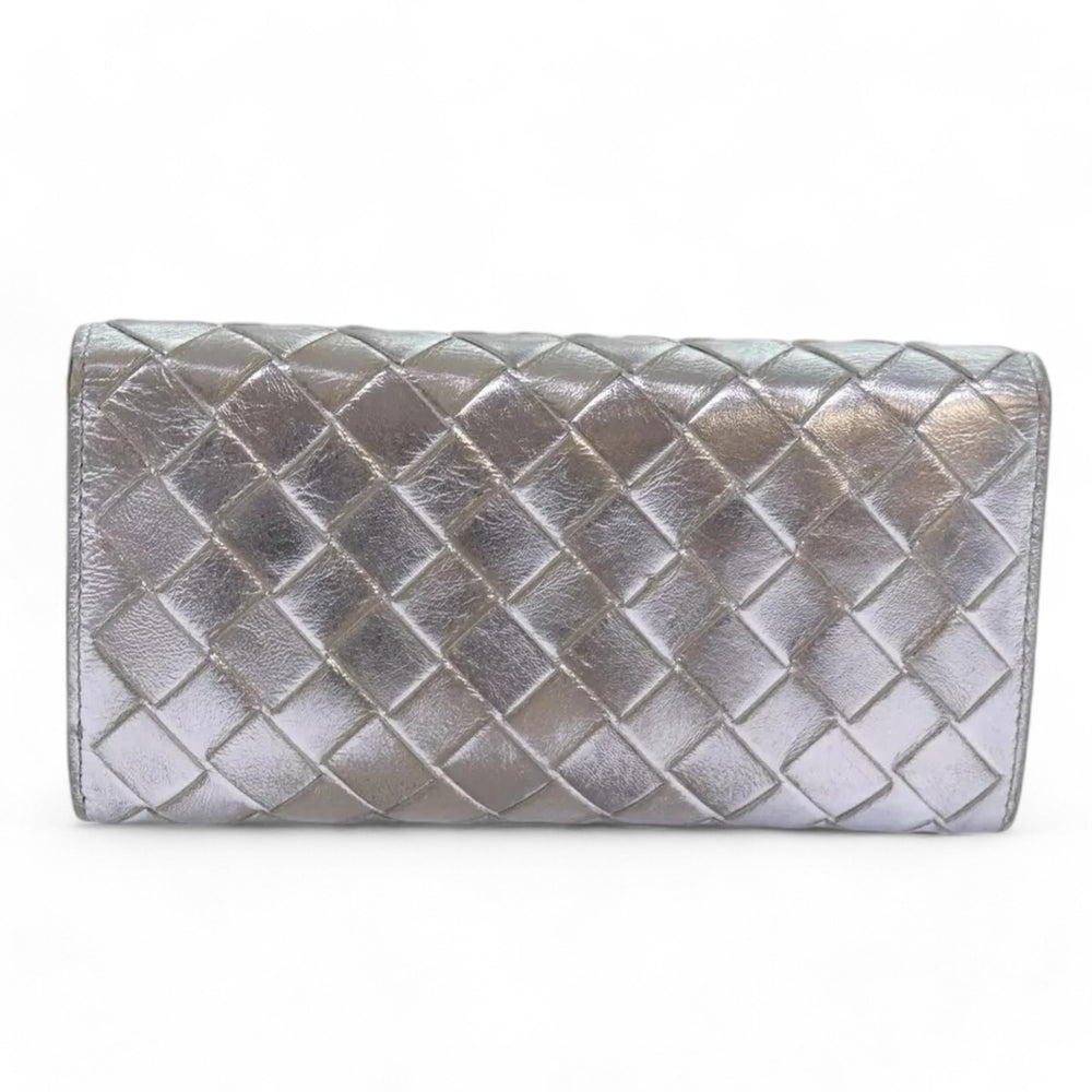 Bottega Veneta Intrecciato Leather Long Wallet Silver Tone Unisex