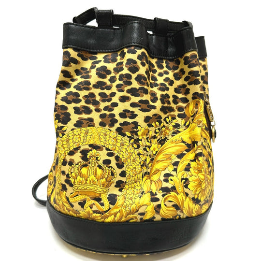 VERSACE Shoulder Bag Leather / PVC yellow vintage leopard drawstring leopard print leopard Women Used Authentic