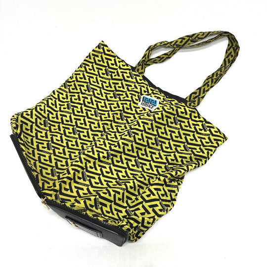 VERSACE Tote Bag Nylon, Leather blue bag eco bag Greca folding Women Used Authentic