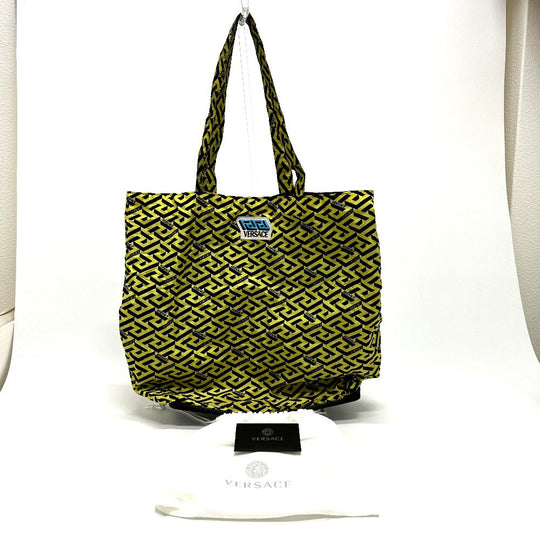 VERSACE Tote Bag Nylon, Leather blue bag eco bag Greca folding Women Used Authentic