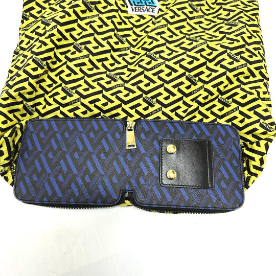 VERSACE Tote Bag Nylon, Leather blue bag eco bag Greca folding Women Used Authentic