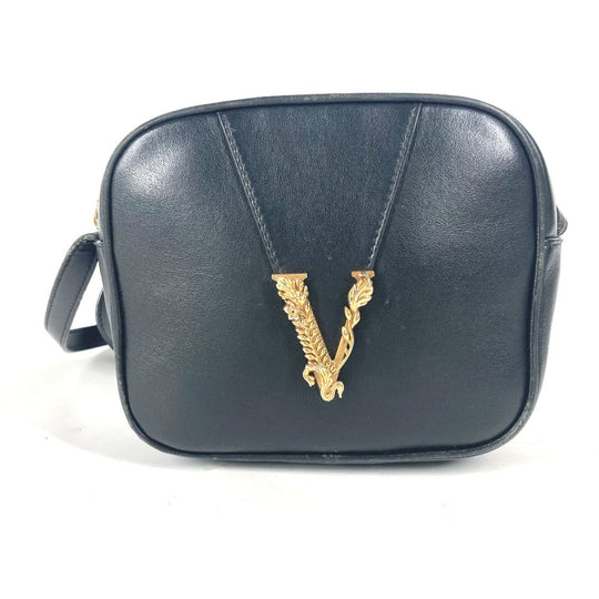 VERSACE Shoulder Bag leather black V logo Greca mens Used Authentic