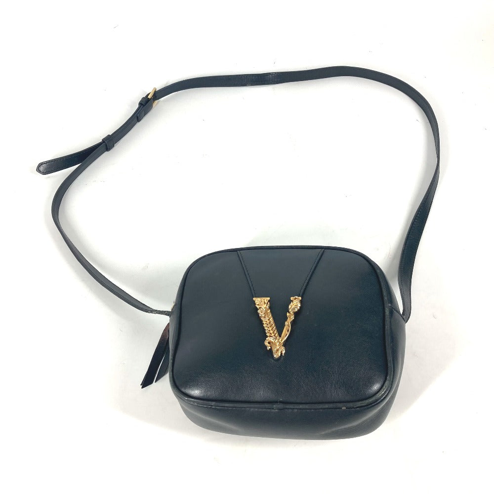 VERSACE Shoulder Bag leather black V logo Greca mens Used Authentic
