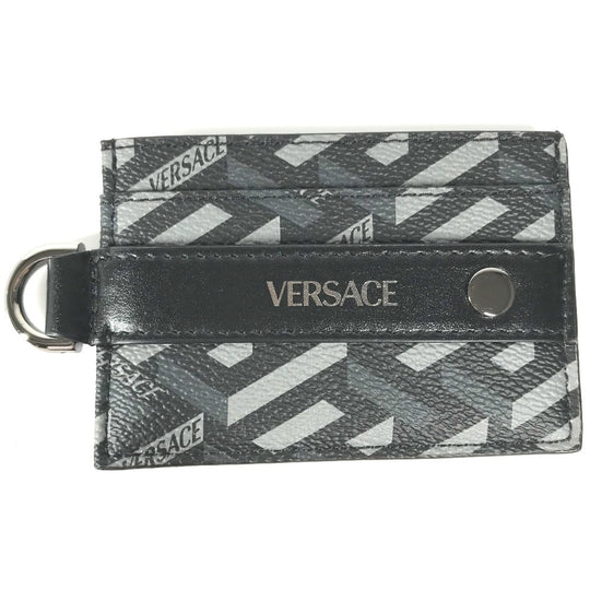 VERSACE Card Case leather black With D-ring logo mens Used Authentic