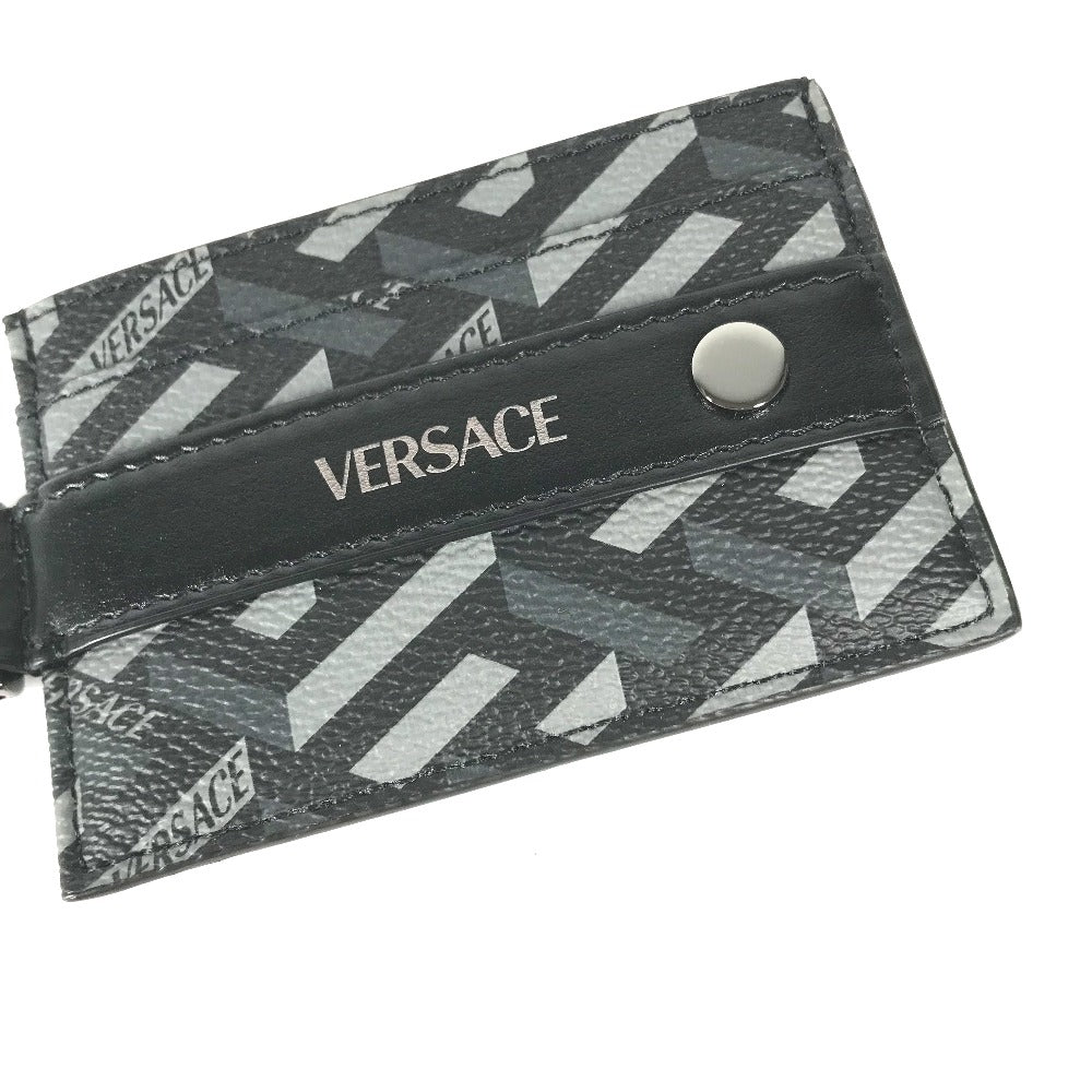 VERSACE Card Case leather black With D-ring logo mens Used Authentic