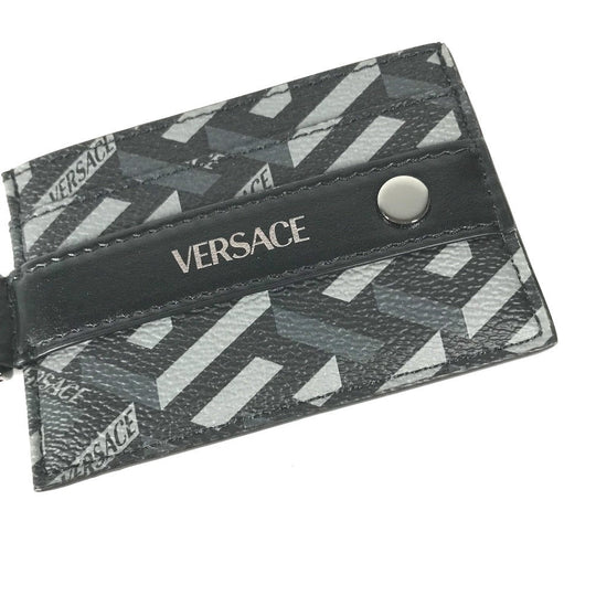 VERSACE Card Case leather black With D-ring logo mens Used Authentic