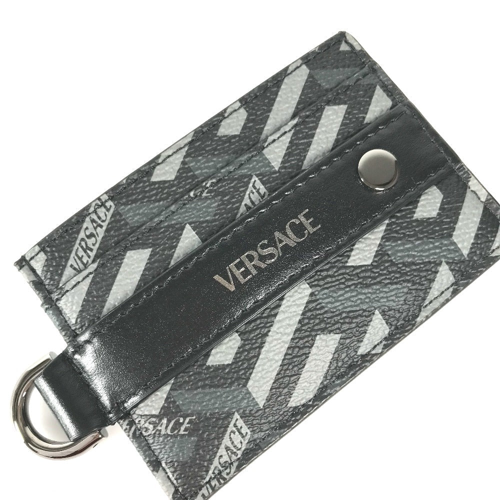VERSACE Card Case leather black With D-ring logo mens Used Authentic