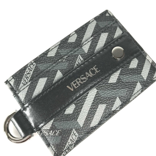 VERSACE Card Case leather black With D-ring logo mens Used Authentic