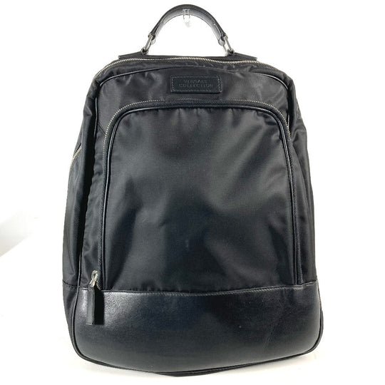 VERSACE Backpack Nylon, Leather black logo mens Used Authentic