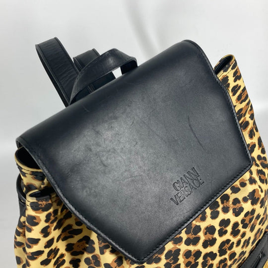VERSACE Backpack PVC / Leather yellow vintage Leopard leopard print leopard Women Used Authentic