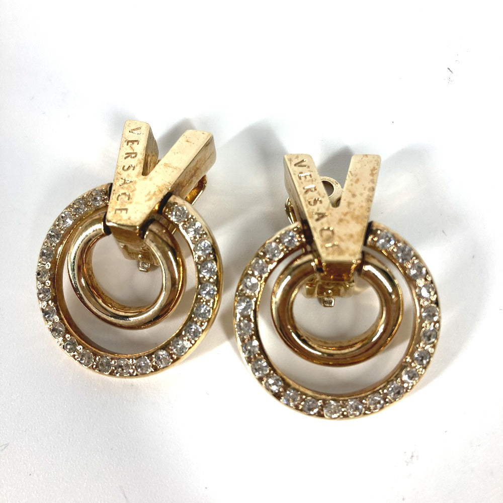 VERSACE Earring metal gold V logo rhinestone Women Used Authentic