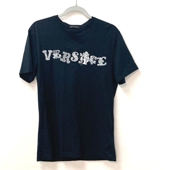 VERSACE Short sleeve T-shirt cotton black Logo embroidery mens S Used Authentic