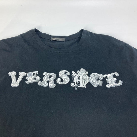VERSACE Short sleeve T-shirt cotton black Logo embroidery mens S Used Authentic