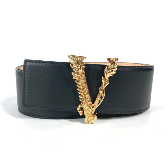 VERSACE belt leather black Greca V logo Women 75 Used Authentic