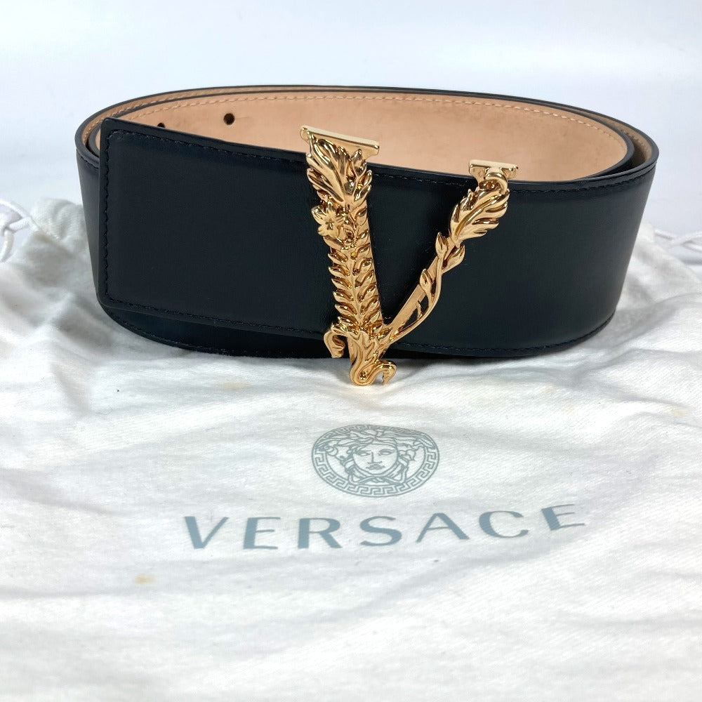 VERSACE belt leather black Greca V logo Women 75 Used Authentic