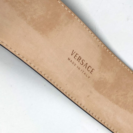 VERSACE belt leather black Greca V logo Women 75 Used Authentic