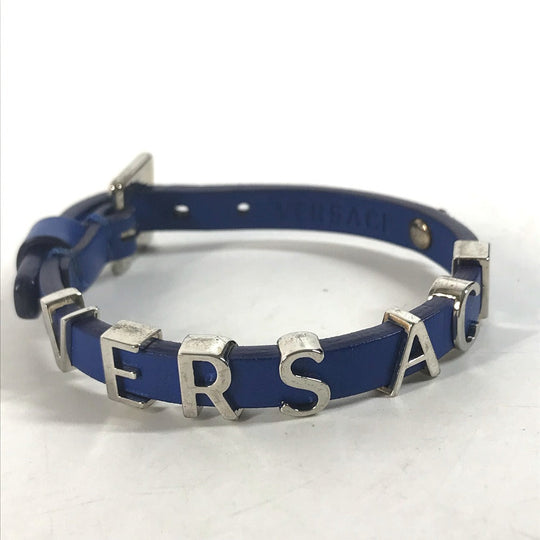 VERSACE bracelet leather blue logo medusa mens Used Authentic