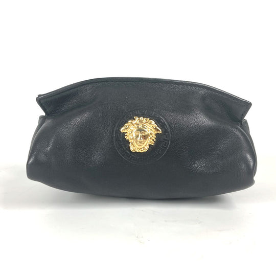 VERSACE Pouch leather black Medusa Women Used Authentic