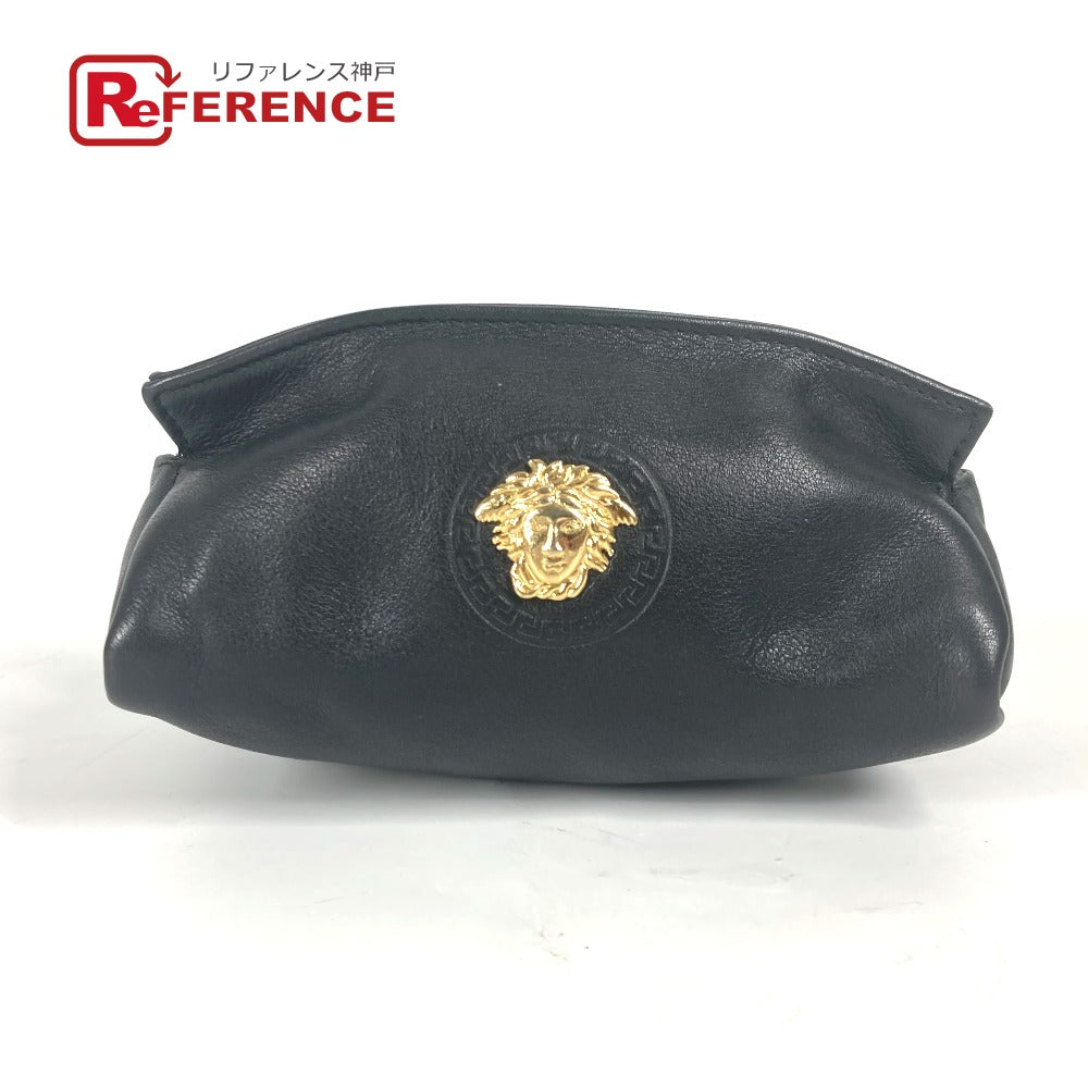 VERSACE Pouch leather black Medusa Women Used Authentic