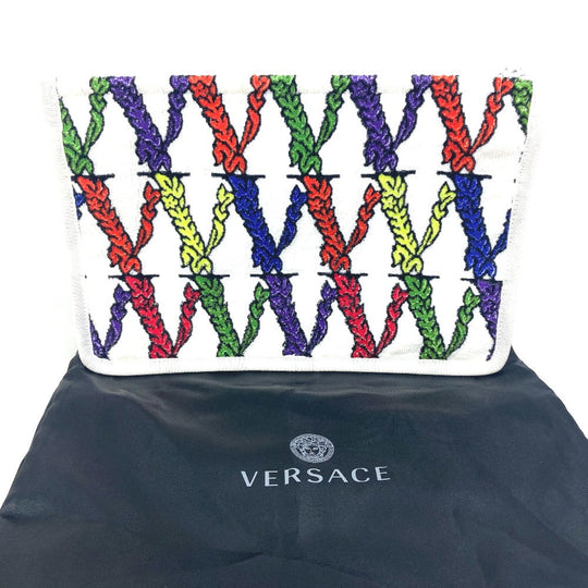 VERSACE Clutch bag pile white Virtus logo Women Used Authentic