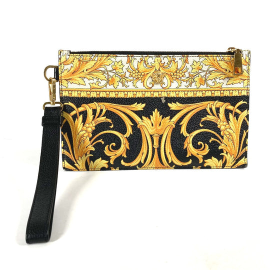 VERSACE Clutch bag leather yellow pouch bag All-over logo mens Used Authentic